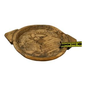 Rustic Large Natural Wood Carved Serving Bowl Pointed Handles, 1800s